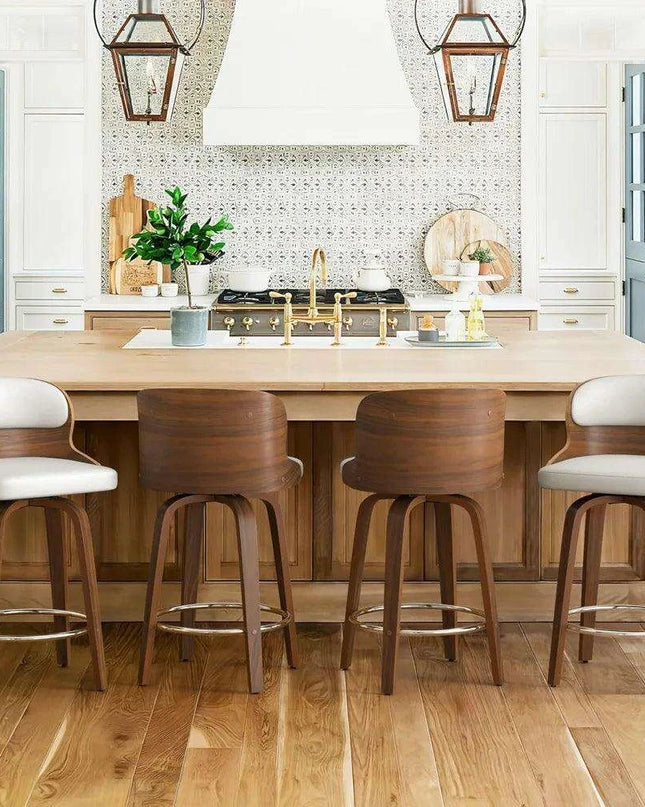 Elegant Mid-Century Walnut Swivel Counter Stools with Faux Leather Seat - 26 Inch Height