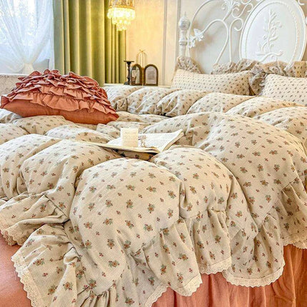Charming Vintage Floral Lace Cotton Bedding Set with Ruffled Skirt and Matching Pillowcases