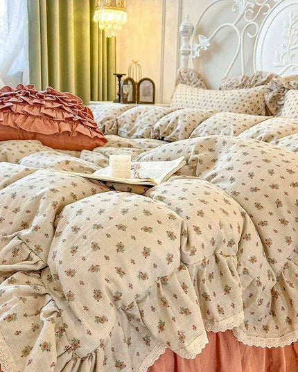 Elegant Vintage Floral Ruffled Cotton Bedding Collection with Skirt and Pillowcases