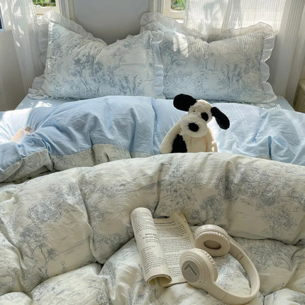 Korean Lace Ruffle Bedding Set | Soft Printed Duvet Cover & Sheets