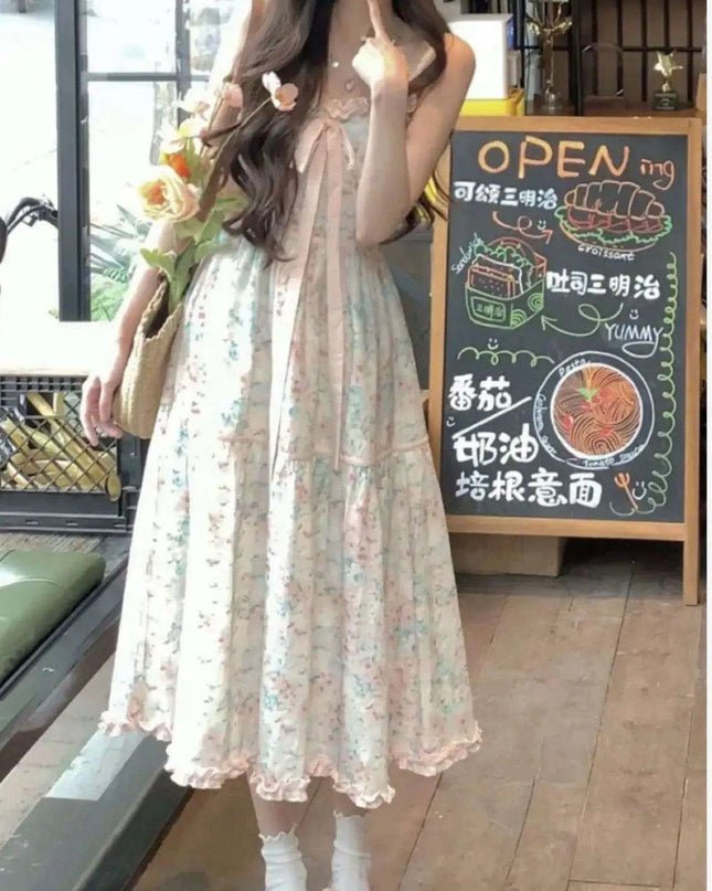 Floral Midi Dress with Adorable Bow - Trendy Korean Style Casual Evening Outfit for Women