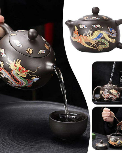 Artisan Dragon and Phoenix Purple Clay Teapot for Traditional Kung Fu Tea Ceremony