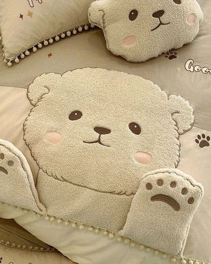 Whimsical Cartoon Bear Embroidered Kids' Cotton Bedding Set - 100% Cotton Duvet Cover, Sheet, and Pillowcases