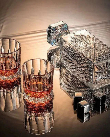 Artisan Crystal Wine and Whiskey Glass Set with Stylish Display Rack