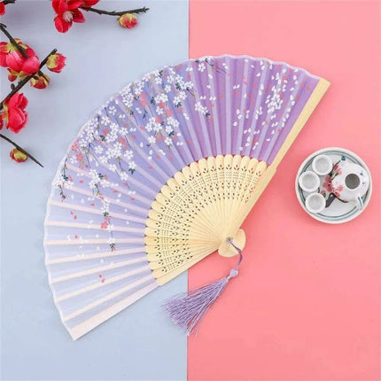 Charming Retro Silk Folding Fan - Exquisite Bamboo Craft for Dance and Home Elegance