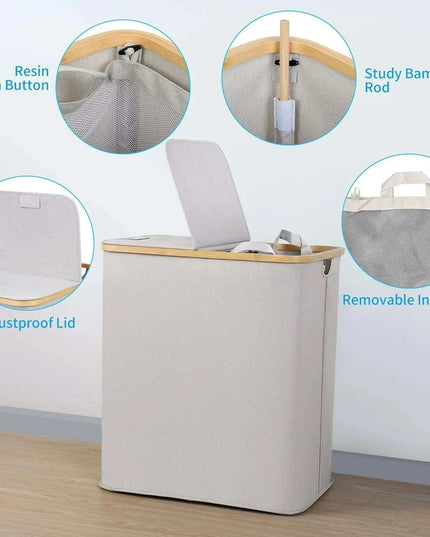 Elegant Bamboo Dual Laundry Sorter with Lid and Removable Bags