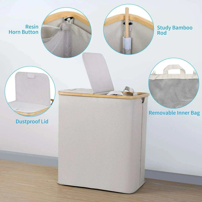 Elegant Bamboo Dual Laundry Sorter with Lid and Removable Bags