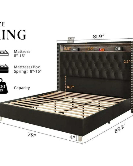 Luxurious King Bed Frame with LED Mood Lighting and Built-in Charging Station