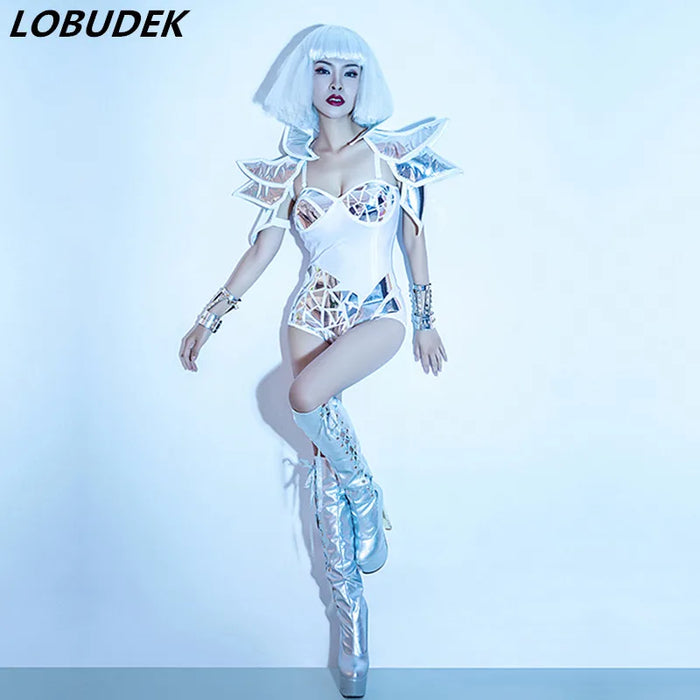 Laser Mirror Fly Shoulder Bodysuit: Radiate on Stage!