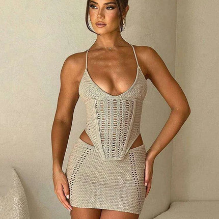 Backless Lace-Up Knitted Crop Top and Mini Skirt Set for Women - Elegant Club Outfit