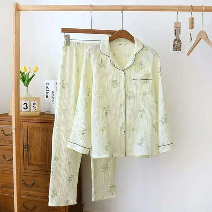 Japanese Crepe Cotton Women's Long Sleeve Pajama Set - Luxurious Sleepwear for Ladies
