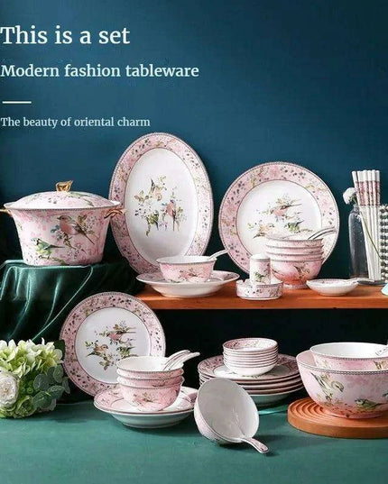 Charming Pink Bone Porcelain Dining Set: 30-Piece Complete Tableware Collection with Bowls, Plates, and Chopsticks