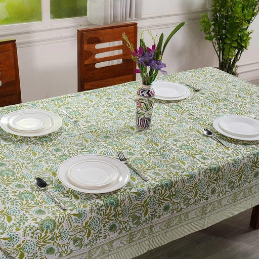 Blue-Green Floral Leaf Patterned Table Cover - Water-Resistant Dining Room Tablecloth