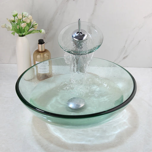 17" Round Tempered Glass Bathroom Vessel Sink Set with Waterfall Faucet