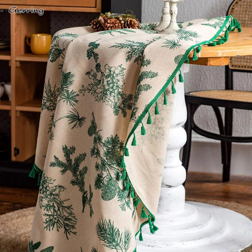 Refined Green Floral Cotton Linen Table Cover