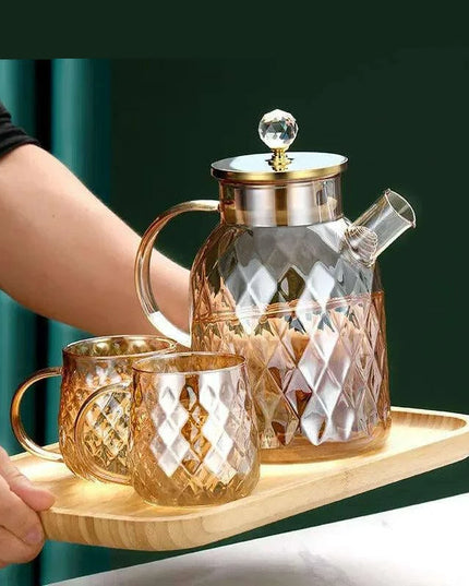 Elegant 1.8L Diamond Pattern Glass Kettle for Juices, Milk, Coffee, and Tea - Stylish Drinkware Set for Family Gatherings