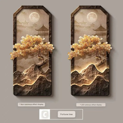 Chinese Landscape Corridor Painting with Integrated Wall Lamp