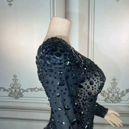Glistening Black Rhinestone-Studded Sheer Long Sleeve Bodycon Mini Dress
