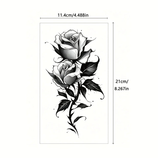 Rose Floral Temporary Tattoo Stickers - 2 Pieces, Monochrome