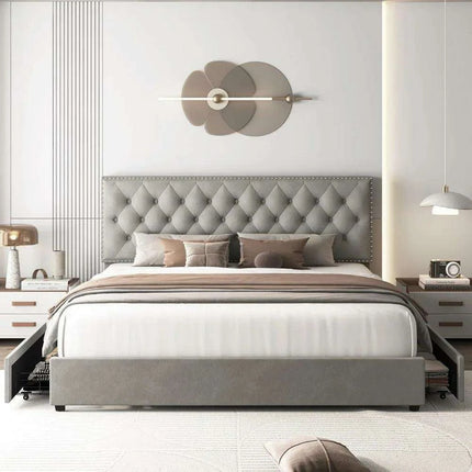 Elegant Queen Velvet Upholstered Bed Frame with Adjustable Headboard and Hidden Storage Drawers