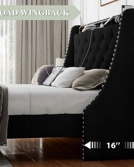 Luxurious Black Wingback Bed Frame with Smart Storage Headboard and Charging Ports