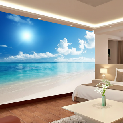 3D Ocean View Mural Wallpaper - Blue Sky & Clouds
