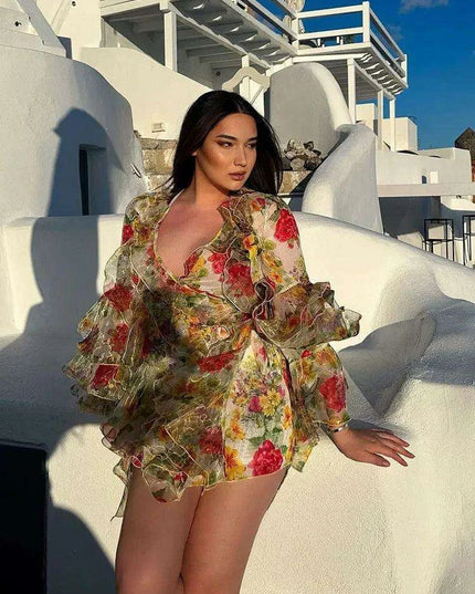 Bohemian Summer Floral V-Neck Dress with Ruffles
