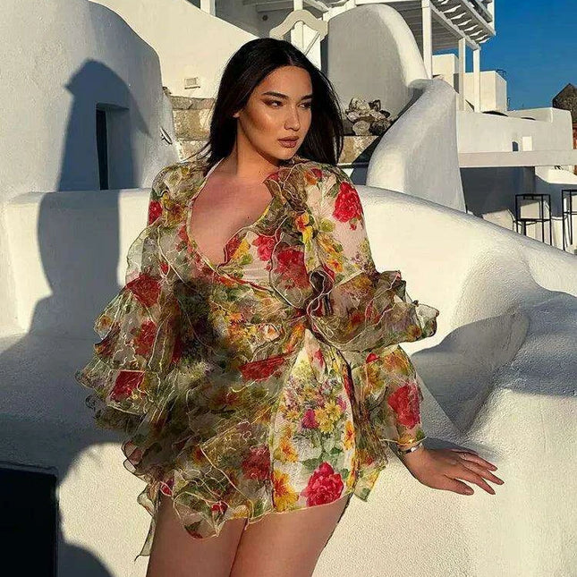 Bohemian Summer Floral V-Neck Dress with Ruffles