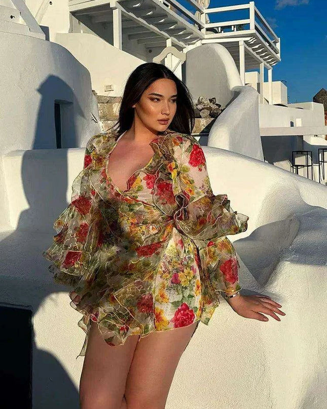 Bohemian Summer Floral V-Neck Dress with Ruffles