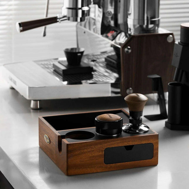 Espresso Knock Box Organizer with Integrated Tamping Station Mat - Essential Storage for Baristas