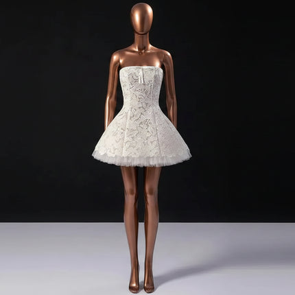 Strapless Lace & Tulle A-Line Mini Dress with Bow Detail — Evening & Party