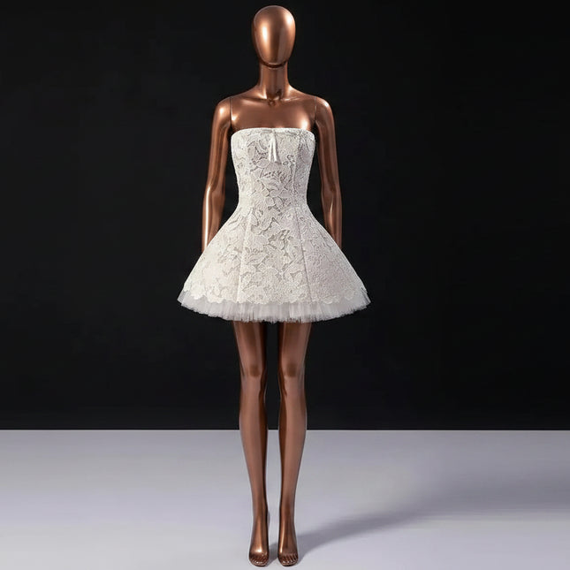 Strapless Lace & Tulle A-Line Mini Dress with Bow Detail — Evening & Party