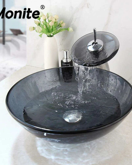 Artisan-Crafted Black Glass Vanity Basin Set with Chrome Waterfall Faucet