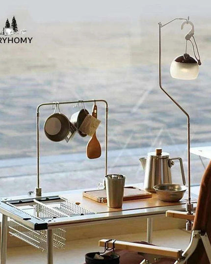 Multi-Functional Stainless Steel Camping Gear Organizer with Built-in Light Stand and Storage Solutions