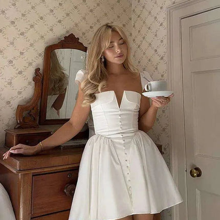 Chic White V-neck A-line Evening Gown with Stylish Button Embellishments and Flowy Pleats for Women