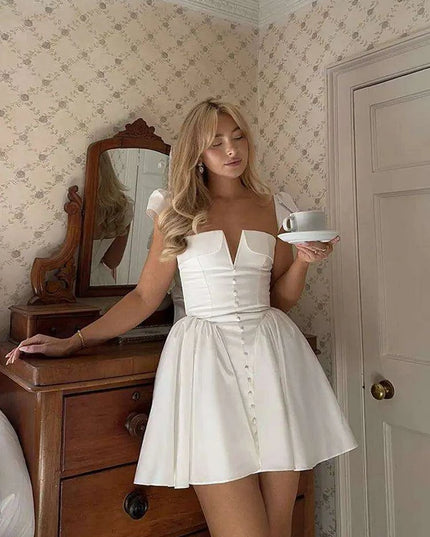 Chic White V-neck A-line Evening Gown with Stylish Button Embellishments and Flowy Pleats for Women