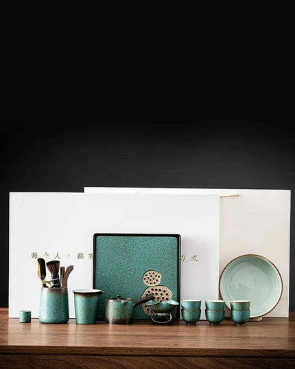 Elegant Vintage Chinese Kung Fu Tea Set with Side Handle Teacups and Tray