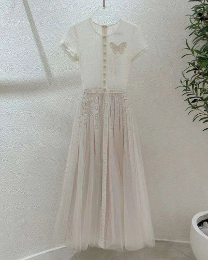 Stylish Hollow Embroidered Pleated Evening Gown for Women