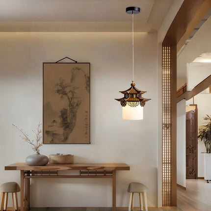Solid Wood & Glass LED Pendant Light — Oriental Design, E27, Tri-Color