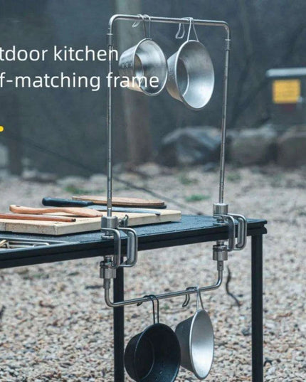 Multi-Functional Stainless Steel Camping Gear Organizer with Built-in Light Stand and Storage Solutions