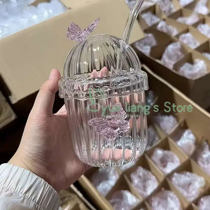 Elegant 3D Butterfly Round Glass Mug for Stylish Floral Drinks