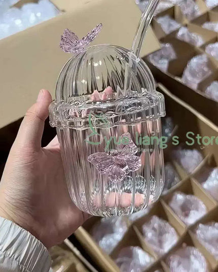 Elegant 3D Butterfly Round Glass Mug for Stylish Floral Drinks