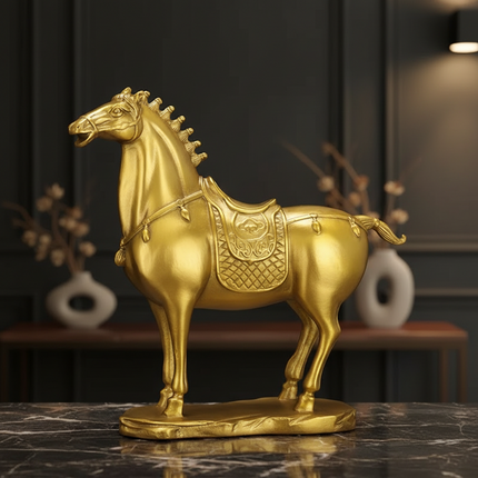 A golden horse figurine with a detailed saddle and decorative crest, displayed on a dark marble surface against a dark paneled wall background.
