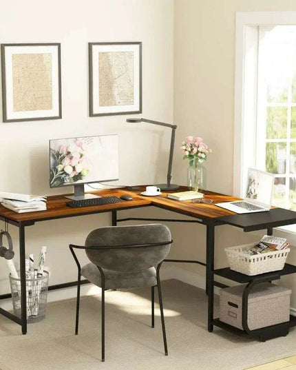 Teak Finish Corner L Desk with Adjustable Shelves for Home Office and Living Space