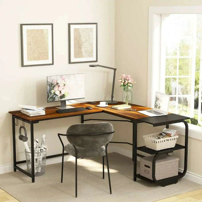 Teak Finish Corner L Desk with Adjustable Shelves for Home Office and Living Space