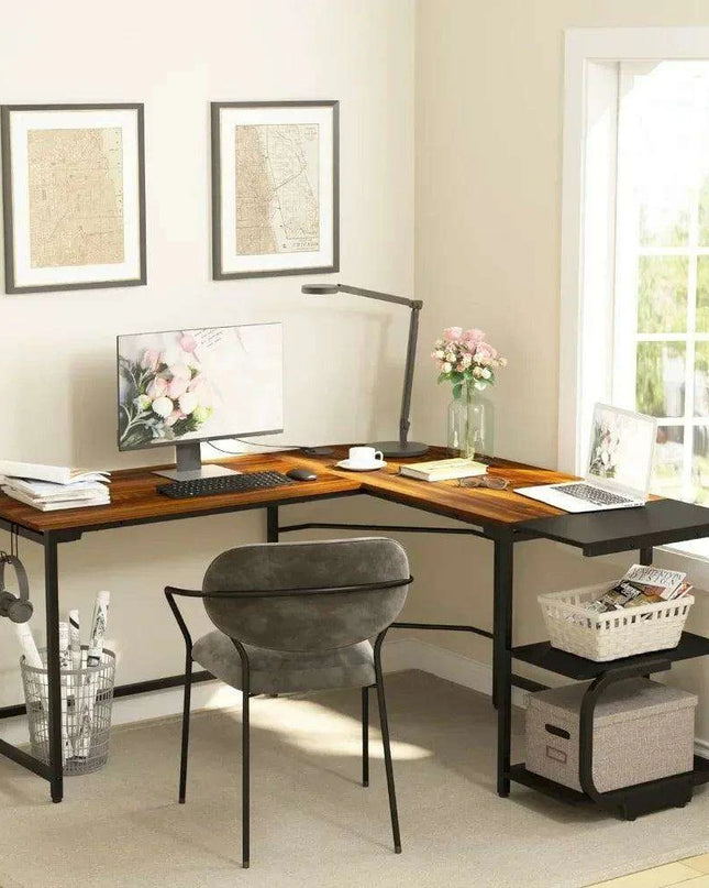 Teak Finish Corner L Desk with Adjustable Shelves for Home Office and Living Space