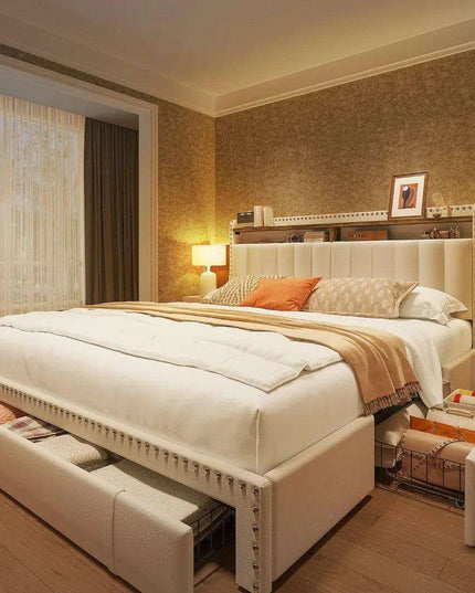 Queen Size Upholstered Bed Frame with Silent Support and Ample Storage Solutions