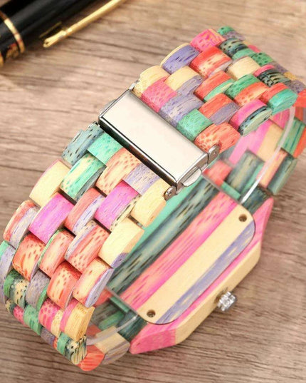 Eco-Conscious Style: Men's Artisan Wooden Quartz Watch with Vibrant Multicolor Band