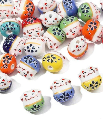 Set of 2 Artisan 14mm Ceramic Lucky Cat Charms for Creative Jewelry Designs