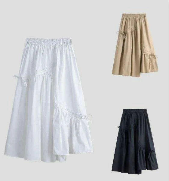 Korean Chic High Waist A-Line Cotton Pleated Skirt for Women - Spring Solid Color Collection, Comfortable Midi Length